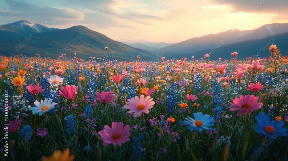 Fototapeta premium Colorful meadow at sunset with mountains. Lush vibrant flowers in full bloom
