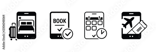 Foto Travel booking vector icon set with mobile travel symbols including luggage, flight and reservation system concept