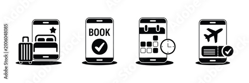 Foto Travel booking vector icon set with mobile travel symbols including luggage, flight and reservation system concept