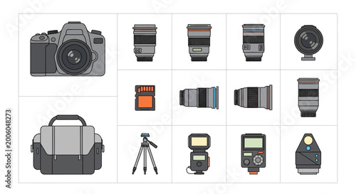 Konstfotografi Photography Gear Icons: Camera, Lenses, Bag, Tripod