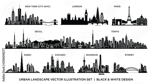 Photography Urban landscape vector illustration set of famous city skylines in black and whi