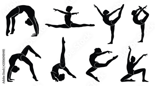 Bild auf Leinwand Set of silhouettes of a gymnast in various poses, artistic gymnastics, rhythmic