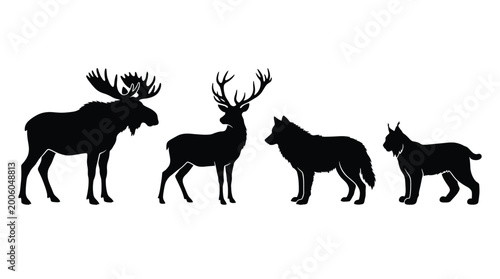 Canvas Print Set of wild animals silhouettes, moose, deer, wolf and lynx