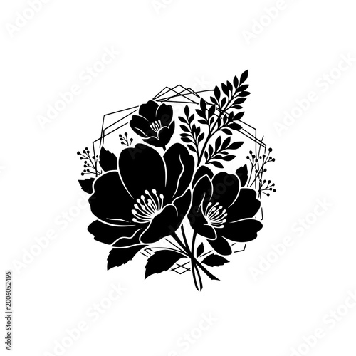 Black Floral Bouquet Silhouette with Minimalist Geometric Hexagon Frame