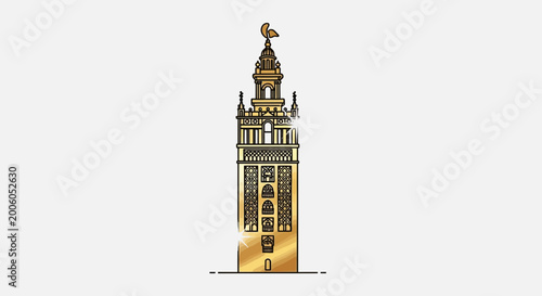 Golden Giralda Tower illustration, Seville, Spain. Landmark, architecture, travel, culture.