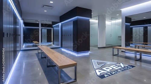 Modern luxury locker room interior with neon lighting and apex athletics logo for professional sports team.