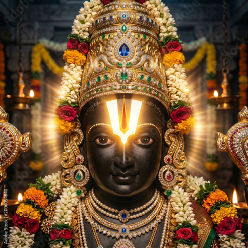 Close-up of Lord Venkateswara Idol Face with Ornate Crown and Traditional Tilak

