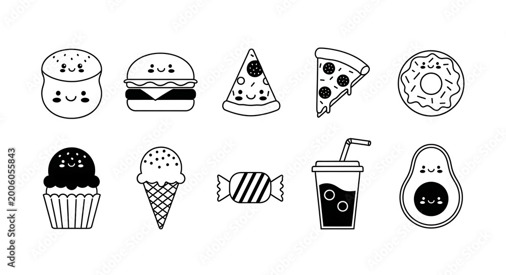 Fototapeta premium Black vector icon set for web design featuring a collection of food and celebration symbols like Christmas trees, gifts, birthday cakes, and holiday hats in a silhouette illustration style