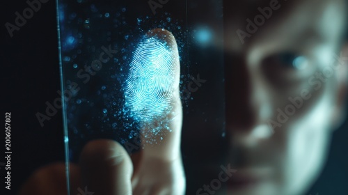 Fingerprint authentication with glowing digital particles on screen