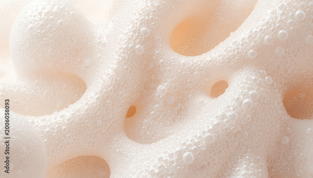 Fototapeta premium Macro texture of white cosmetic foam or soap bubbles on a soft pink background. Conceptual 3D illustration of skincare product, facial cleanser, moisturizing cream, and beauty care.