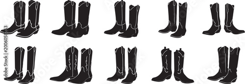 A set of 10 cowboy boots western footwear western boots silhouette vector, black and white silhouette vector illustration