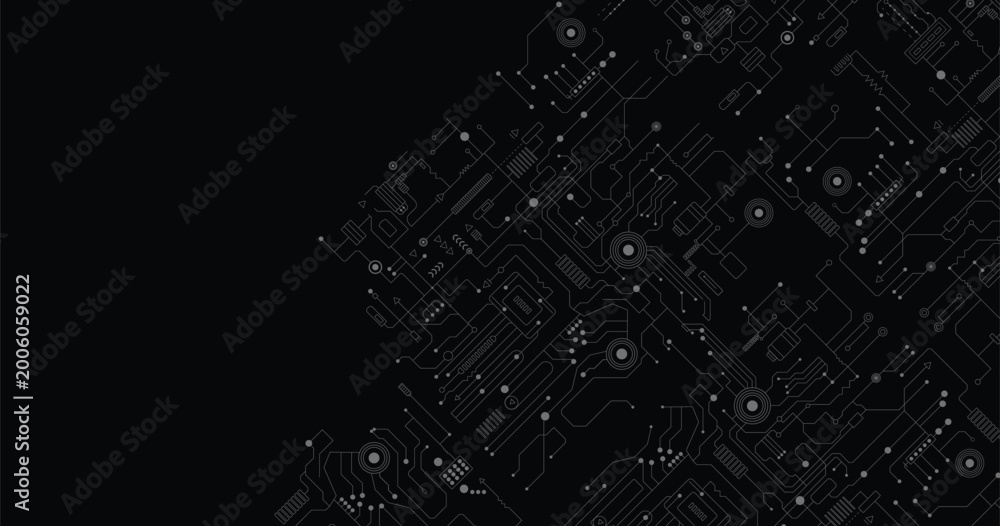 Fototapeta premium Electronics board. Circuit board electronic hi tech pattern. Vector abstract computer chip. Black monochrome background. Vector eps10