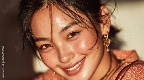 golden hour portrait of smiling woman with freckles and sparkling hair, close up beauty shot