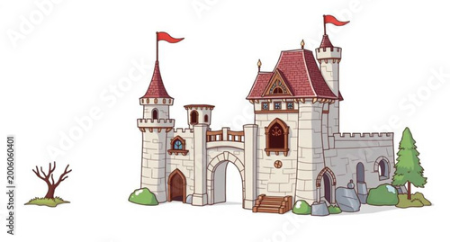 A fantasy fairy tale castle in the forest vector illustration featuring a medieval fortress with tower and flag details under the sky