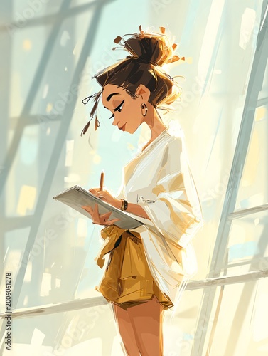 young woman writing in bright city sunlight with creative notebook and hopeful atmosphere