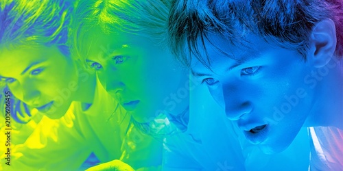 neon portrait of young woman in blue green light smoke with dreamy fashion vibe