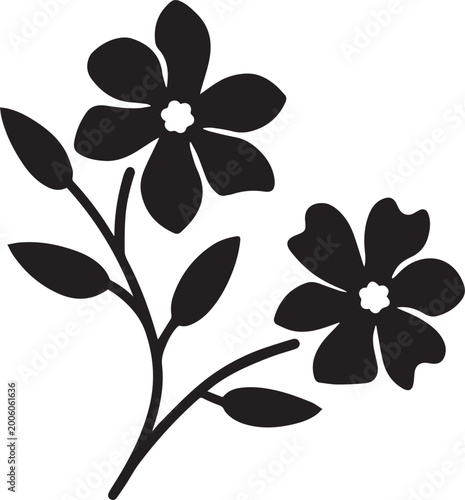 Flower Branch Silhouette Vector Illustration - Floral Stem with Blossoms and Leaves Botanical Icon Isolated on White