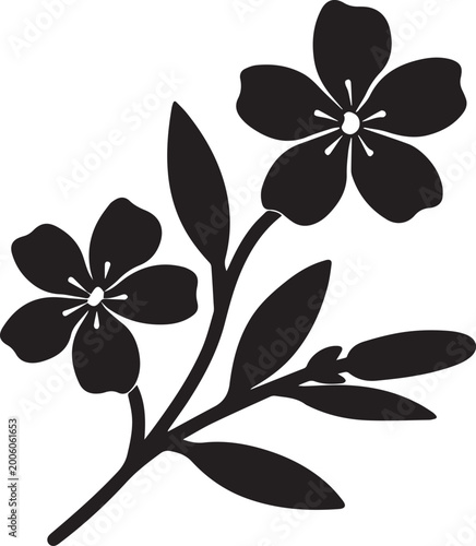 Flower Branch Silhouette Vector Illustration - Floral Stem with Blossoms and Leaves Botanical Icon Isolated on White