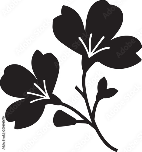 Flower Branch Silhouette Vector Illustration - Floral Stem with Blossoms and Leaves Botanical Icon Isolated on White