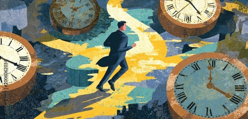 Man in suit running amidst clocks in surreal, colorful abstract landscape