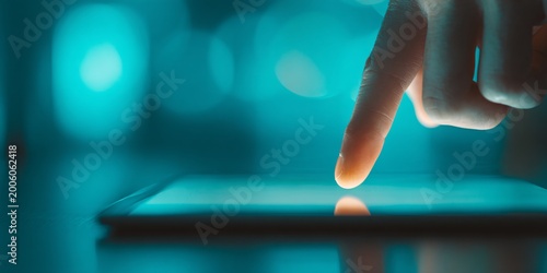 close up finger touching transparent glass with teal bokeh lighting abstract background