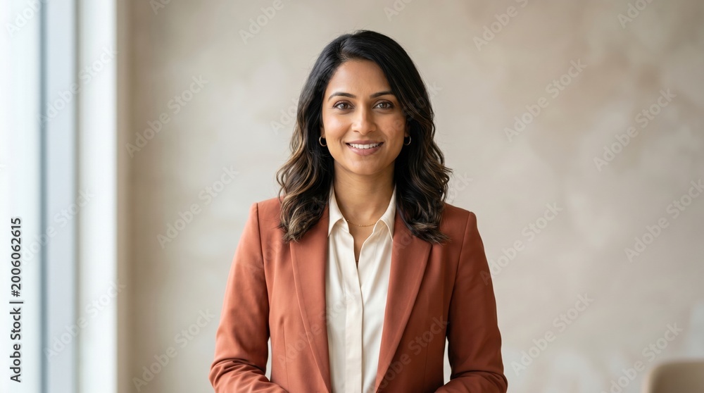 Fototapeta premium Confident professional woman standing in office corridor smiling with folded hands, warm lighting and neutral background