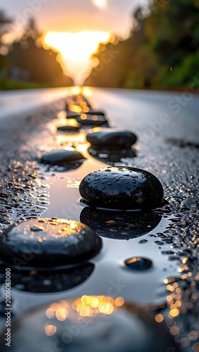 Close-up of black, smooth stones arranged in a line on a wet road. Sunset illuminates the distant horizon