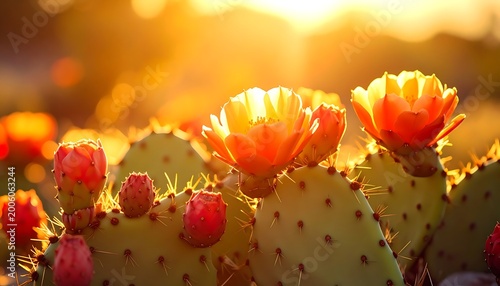 Close-up of blossoming desert flora at sunset. Golden light illuminates cactus pads and vibrant orange flowers
