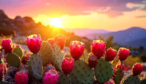 Close-up of blossoming cacti under a bright sunset, with mountains and sky in the background, showing vibrant pink and green hues