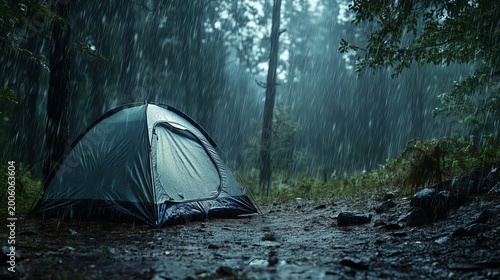 Rain falling on camping tent in quiet tropical forest at night, calm peaceful meditation scene in nature