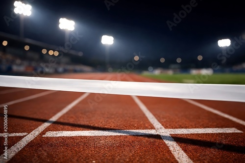 Running Track with a White Finish Line Tape at Illuminated Stadium