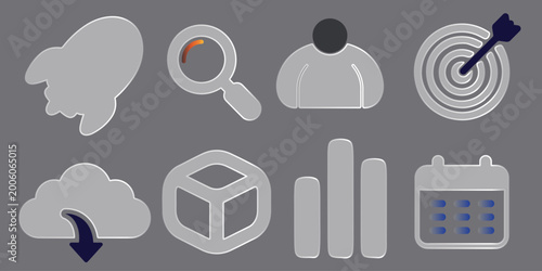 Glassmorphic Icons Business growth set with rocket, target, data charts, and calendar