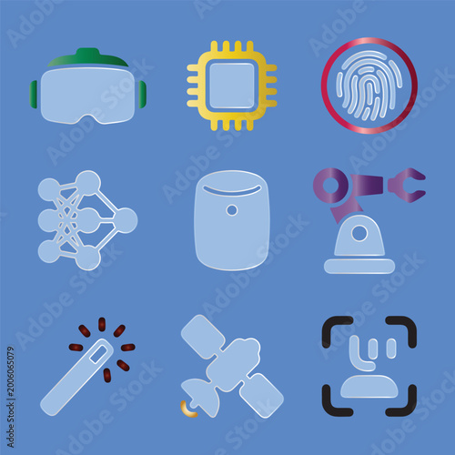 Glassmorphic Icons Advanced tech set featuring VR headset, microchip, and fingerprint scanner