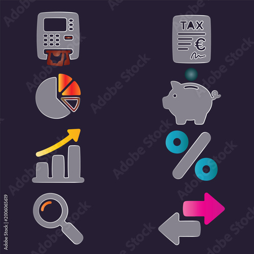 Glassmorphic Icons Economy set featuring tax document, pie chart, and percentage icons