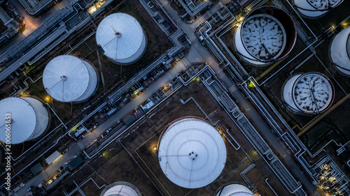 Photography Aerial view oil storage tank and pipeline steel at night, Oil tank storage chemi