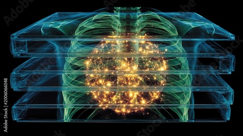 Transparent chest layers reveal glowing, intricate interior structure