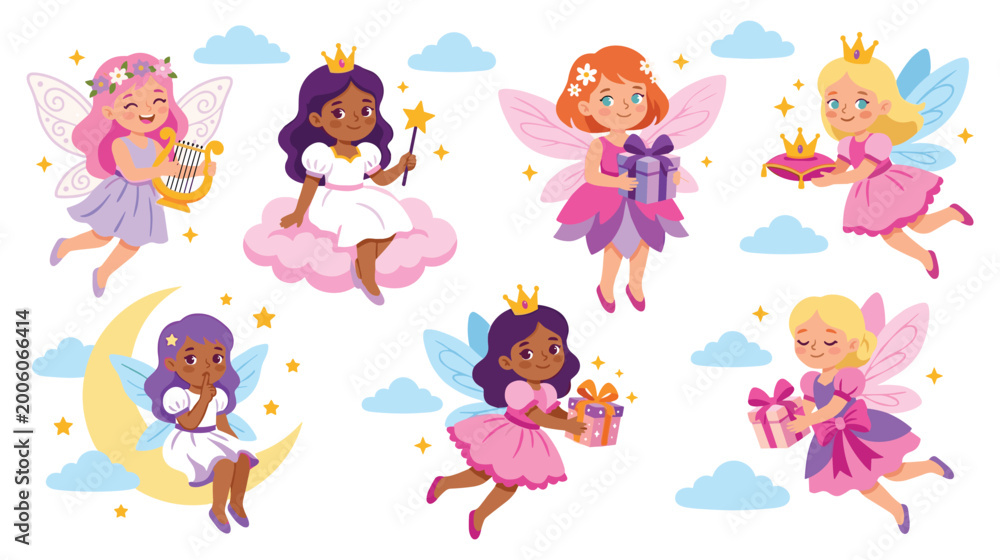 Obraz premium Collection of various cute little fairies with wings, crowns, gifts, and moon.