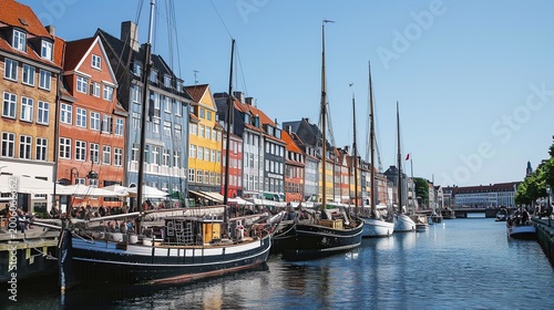 Vibrant Row of Historic Colorful Canal Houses and Boats Along Waterfront