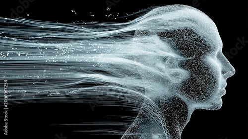 Conceptual digital art of a human profile face dissolving into flowing particles and data lines against a black background, symbolizing artificial intelligence and digital identity.