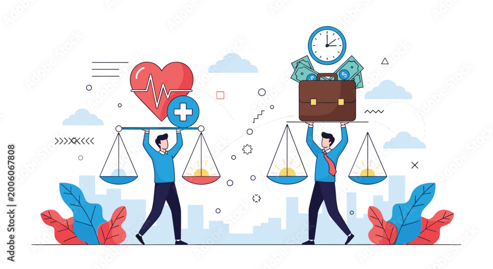 Fototapeta premium Concept of work-life balance depicted with two people holding scales containing a heart for health and a briefcase for wealth.