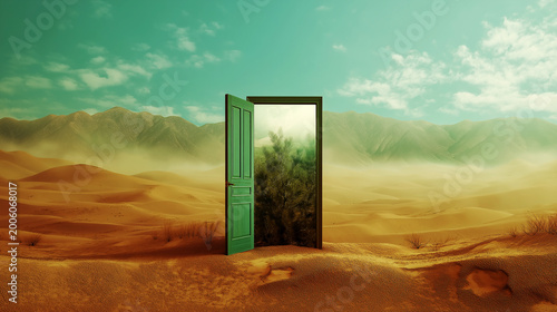 A vibrant green door standing open in the middle of a vast desert sand dune landscape, revealing a lush green forest oasis hidden within as a symbol of hope and new life.