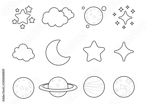 Set of coloring book element with galaxy theme