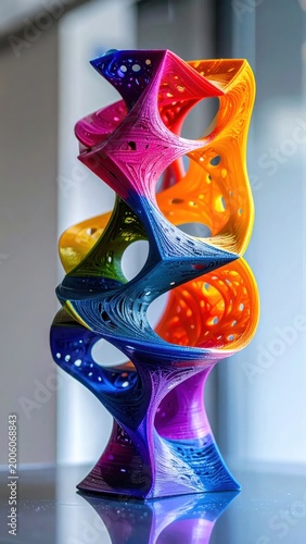 A vibrant, abstract sculpture with layered, flowing forms in a rainbow of colors