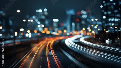 Light trails on busy highway with fast moving cars, illuminated skyscrapers, nighttime cityscape in big city