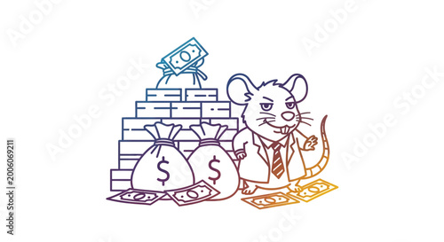 Greedy rat businessman with money bags and cash, financial greed concept