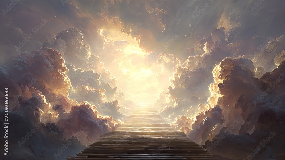 Fototapeta premium A stairway to heaven ascends through dramatic, golden clouds