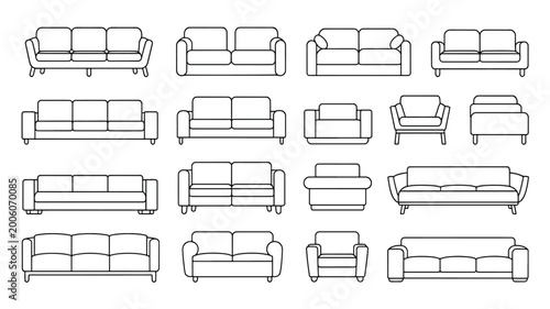 Collection of various sofa and couch designs in line art style