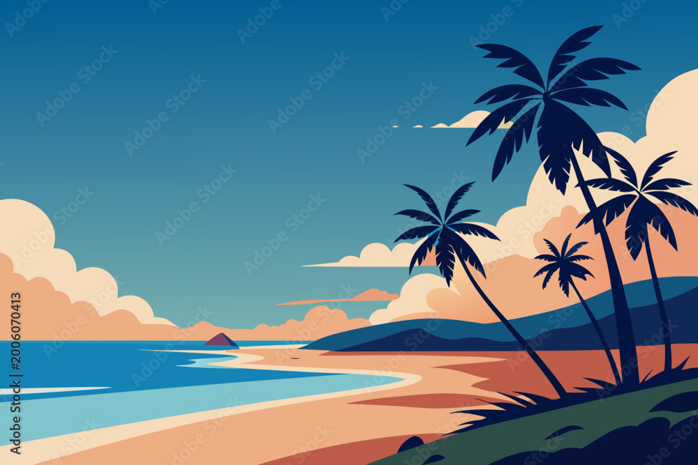 Fototapeta premium Tropical Beach Palm Trees Waves Sky Copy Space Vector Illustration