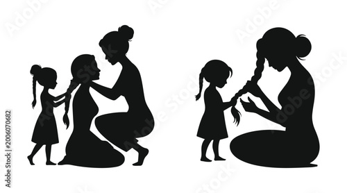 Canvas Print Minimalist black daughter braiding mothers hair silhouette vector icon Set