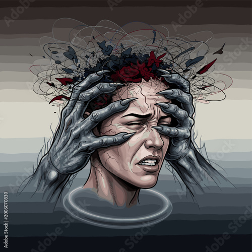 фотографія A woman clutches her head in distress as shadowy hands grip her temples, symbolizing mental anguish and inner turmoil